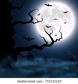 Halloween background with cemetery, tree and moon. Vector illustration