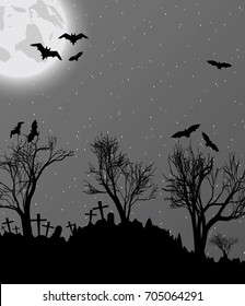 Halloween background with cemetry, bats and big moon. Vector illustration