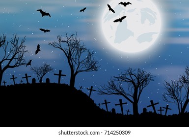 Halloween background with cemetry, bats and big moon. Vector illustration