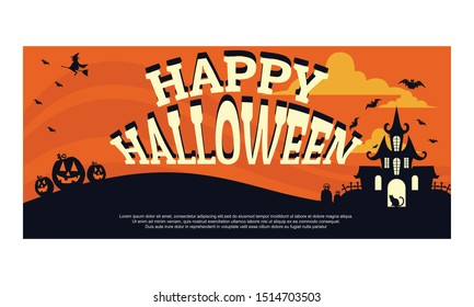 Halloween background of cheerful pumpkins with moon and home. Banners.
