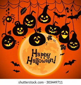 Halloween background of cheerful pumpkins with moon.