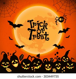 Halloween background of cheerful pumpkins with moon.