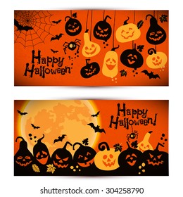 Halloween background of cheerful pumpkins with moon. Banners set.