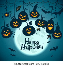 Halloween background of cheerful pumpkins with moon.