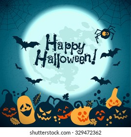 Halloween background of cheerful pumpkins with moon.