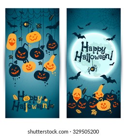 Halloween background of cheerful pumpkins with moon. Banners set.