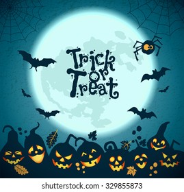 Halloween background of cheerful pumpkins with moon.