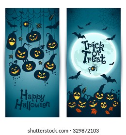 Halloween background of cheerful pumpkins with moon. Banners set.