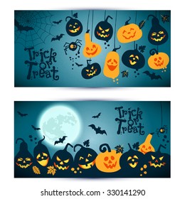 Halloween background of cheerful pumpkins with moon. Banners set.