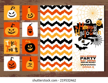 Halloween background of cheerful pumpkins. On the wood texture.