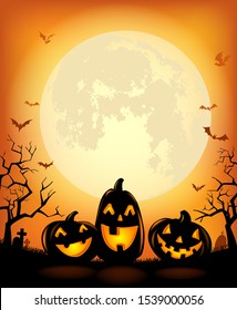 Halloween background with cheerful pumpkins, suits for invitation or poster