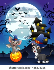 Halloween background with child bats witch and kitten witch .Vector illustration