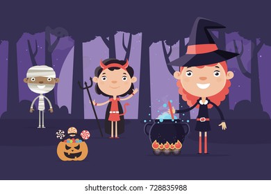 Halloween Background with Children in Forest. 
