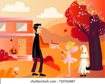 Halloween background with children trick or treating in Halloween costume. Child in ghost costume on Halloween playing trick or treat