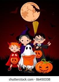 Halloween background with children trick or treating in Halloween costume