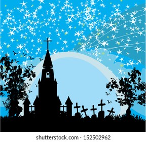 Halloween background with a church and Cemetery