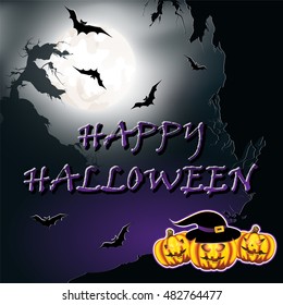 Halloween background with cliffs, bats, moon and pumpkins. Vector illustration.