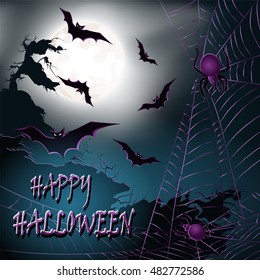 Halloween background with cliffs, bats, moon and spiders. Vector illustration.