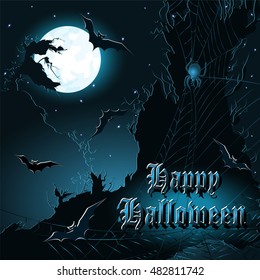 Halloween background with cliffs, bats, moon and spiderweb. Vector illustration.