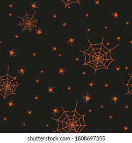 
Halloween background. Cobweb and spiders on a black background. Vector seamless pattern.