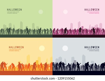 Halloween background collection . Spooky zombie crowd walking towards the town. Silhouettes illustration for Halloween