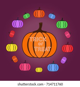 Halloween background with colorful pumpkins, vector illustration. Seasonal greeting card or Halloween party invitation. Fall background in flat design style