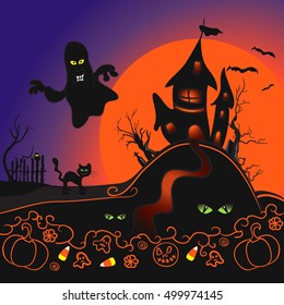 Halloween background colorful and spooky. Bright children holiday illustration with ghost, haunted house, orange moon, silhouette pumpkin, sweetness, glowing green eyes and others 