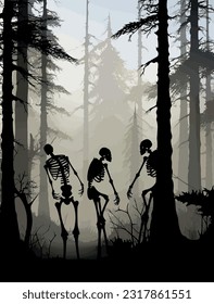 Halloween Background concept forest volumetric fog with many dead trees. A horror concept. Of three spooky skeletons appearing out of the mist in a forest. Vector Illustration,