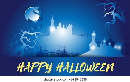 Halloween Background Concept illustration Design with night scene of Castle and Graveyard Vector in blue tone color