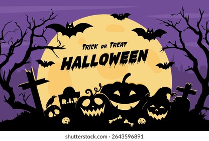 Halloween background concept with moon night, pumpkin ghost, graveyard and bats. Vector illustration.