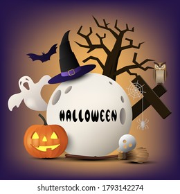 Halloween background concept with moon ,pumpkin ,ghost, witch hat and owl. Vector illustration. 