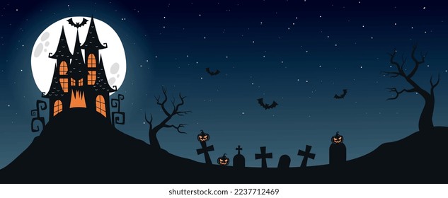 Halloween-Hintergrund-Konzept. Schönes Schloss mit Fledermäusen neben dem Friedhof. Gruß und Einladung Postkartendesign für Fest der Angst und des Schreckens. Poster oder Banner. Cartoon-Flavektor-Vektorgrafik