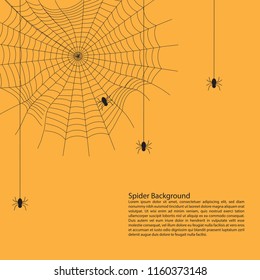 Halloween background concept : Spiders hanging on cobweb against orange background like a pumpkins for wallpaper, poster, advertising sale, banner website.
