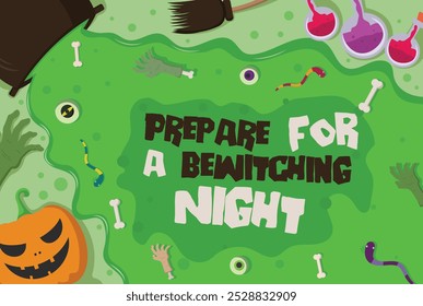 Halloween background, with the concept of a witch's pot spilling. bones, zombie hands, eyeballs. suitable for events