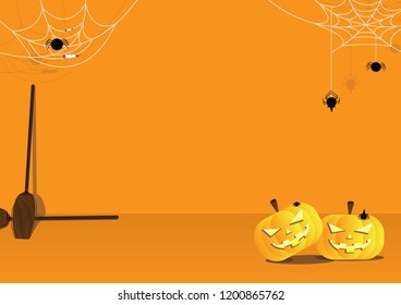 Halloween background contains spider web, witch and pumpkin. On a black background