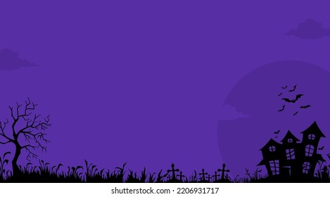 Halloween Background with copy space area. Vector halloween purple background with tree, grass, grave, old house, many flying bats, and moon silhouette. Suitable to use for wallpaper, flyer, etc.