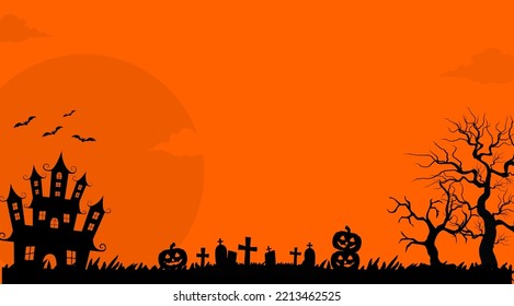 Fondo de Halloween con área de copia. Vector halloween fondo naranja con árbol, hierba, tumba, casa antigua, muchos murciélagos voladores y silueta lunar. Adecuado para uso de papel de pared, volante, banner.