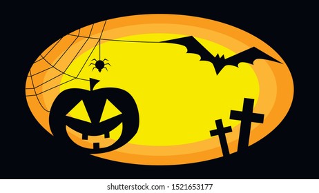Halloween background with copy space, pumpkin, spider, bat, crosses in black oval frame