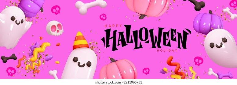 Diseño creativo de fondo de Halloween. Resumen del concepto de pancarta horizontal Día de Halloween. Estilo de caricatura 3d realista. Cabecera temática festiva para el sitio web. Afiche de vacaciones en la ilustración del vector de color lila