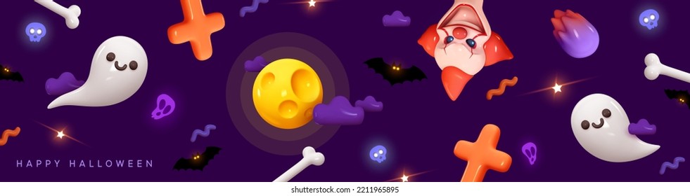 Halloween background creative design. Abstract horizontal banner concept Halloween day. Realistic 3d cartoon style. Festive themed header for website. Holiday poster. Vector illustration