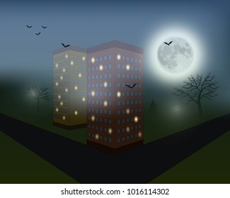 Halloween background. Creepy atmosphere seen from above city with full light. Halloween landscape with full moon. Mysterious vector illustration. 