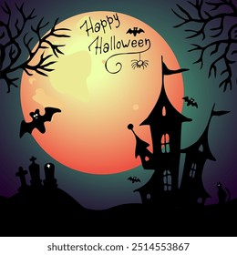 Fundo de Halloween com morcegos assustador, lua cheia, cemitério e castelo