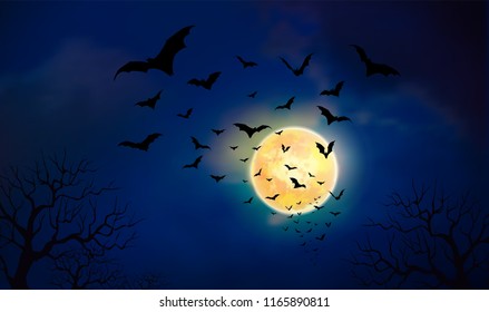 Halloween background creepy forest with bats and full Moon