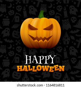 Halloween background with creepy pattern. Vector poster with scary face orange pumpkin and modern lettering text Happy Halloween.