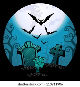 Halloween background. creepy zombie hand and grave, a flock of bats