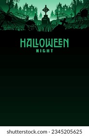 Halloween background with cross, grave, tombstone, cemetery and haunted house for holiday poster. Creepy flyer, postcardand or mystical background for dark fear design