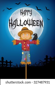 Halloween background with A crow perched on Scarecrow