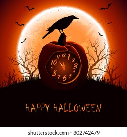 Halloween background with a crow sitting on the clock from the pumpkin, illustration.