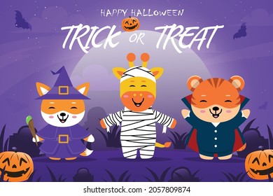 Halloween background - cute animals in halloween costumes in flat design Vector