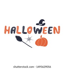 Halloween background cute autumn illustration of cheerful pumpkins. Handwritten Lettering and Hand Drawn Cartoon. Templates for Posters, Party Invitation, postcard, t shirt design, october, hat, party